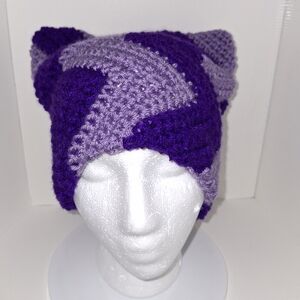 Beanie Cap Cat Ears Purple Zigzag Chevron Print Hat